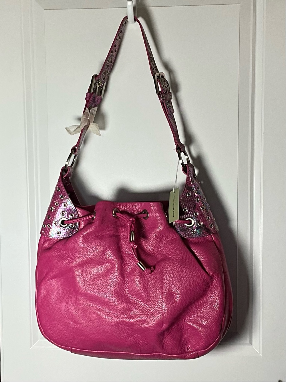 Adrienne Vittadini Y2K Fuchsia 100% Leather Iridescent Grommet Hobo NWT